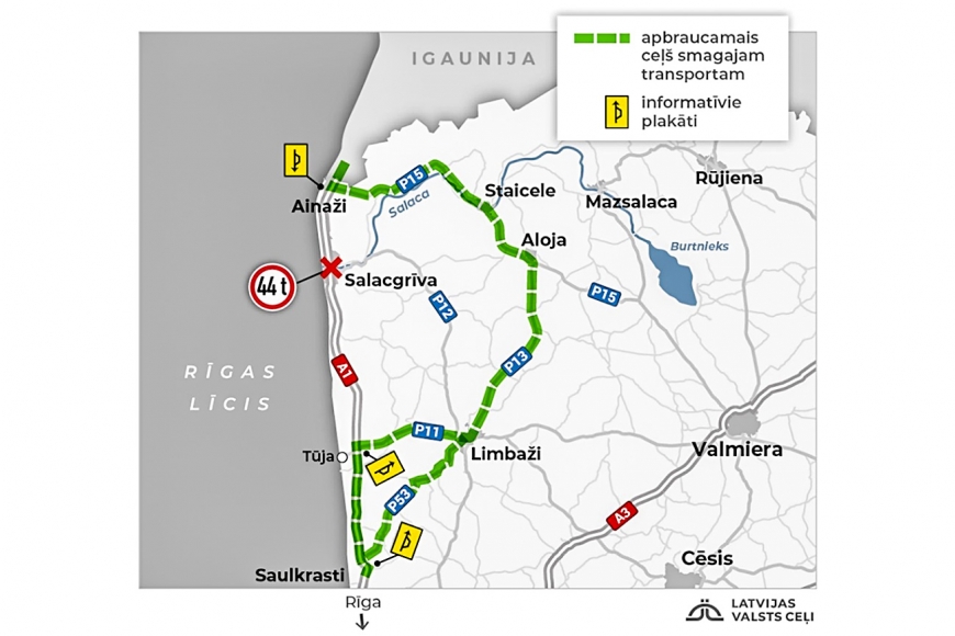 Smagajam transportam virs 44 t pagaidu tilts pār Salacu slēgts